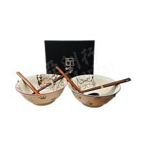 ERMO -Ramen bowls set (2 bowls, 2 pairs of chopsticks, 2 spoons) - white cat pattern