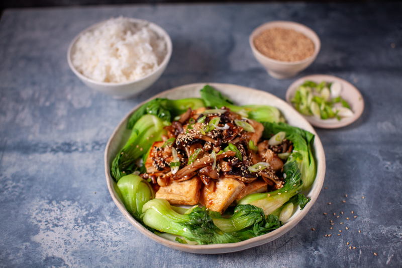 Crispy Tofu with Stir-Fried Mixed Mushrooms and Pak Choi Recipe