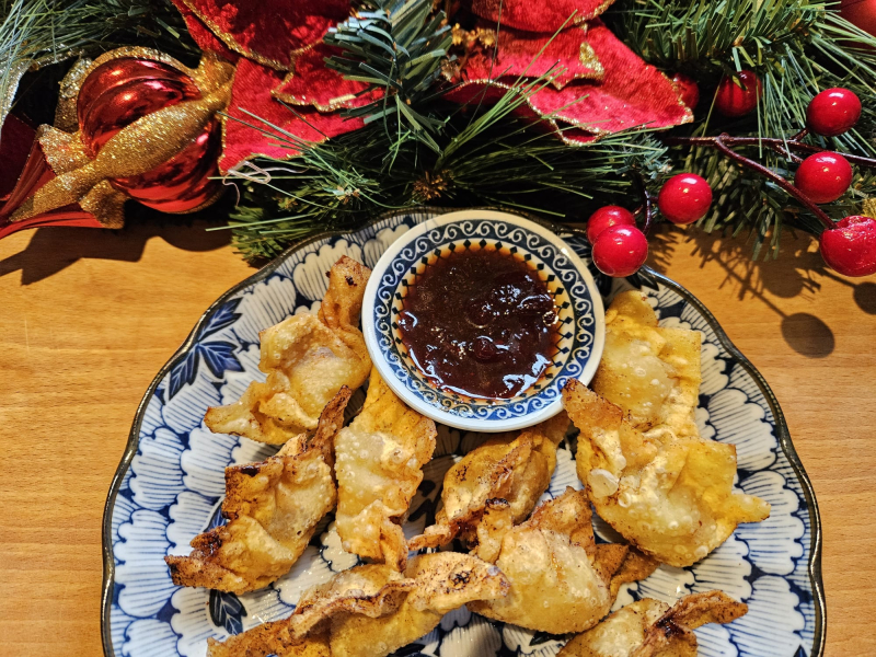 Festive Crispy Sausage Wontons with Cranberry Hoisin Dipping Sauce Recipe