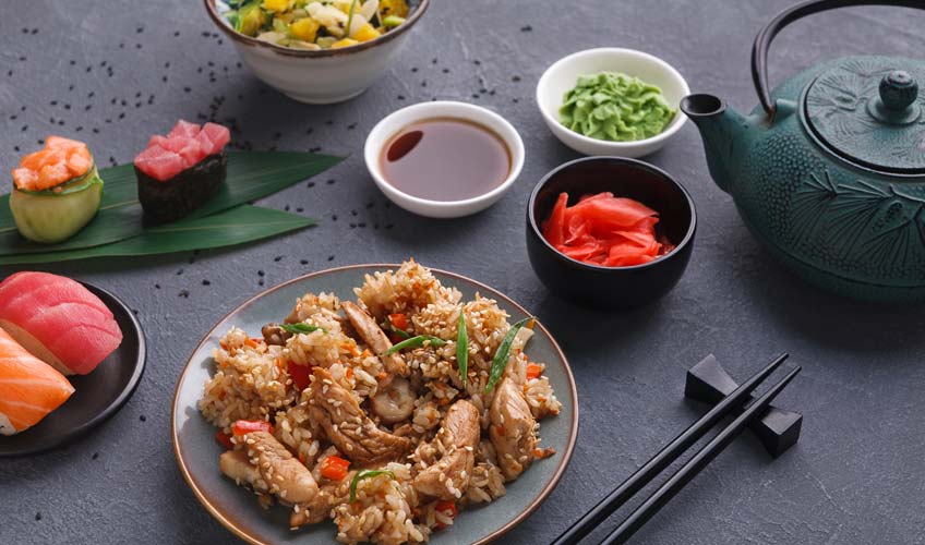 Japanese Dinner table with food items